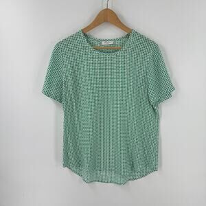 Equipment Femme Silk Geometric Print Short Sleeve Blouse Green White Size Small